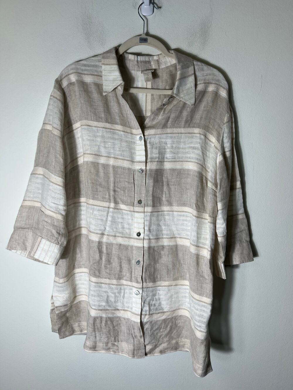 Chico's Off White Tan 3/4 Sleeve Linen Button Up Sz 3